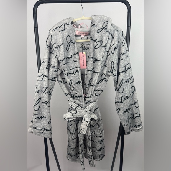 Juicy Couture Hooded Luxe Plush Robe L/XL Heather Gray Script Logo NWT Cozy - Picture 5 of 7